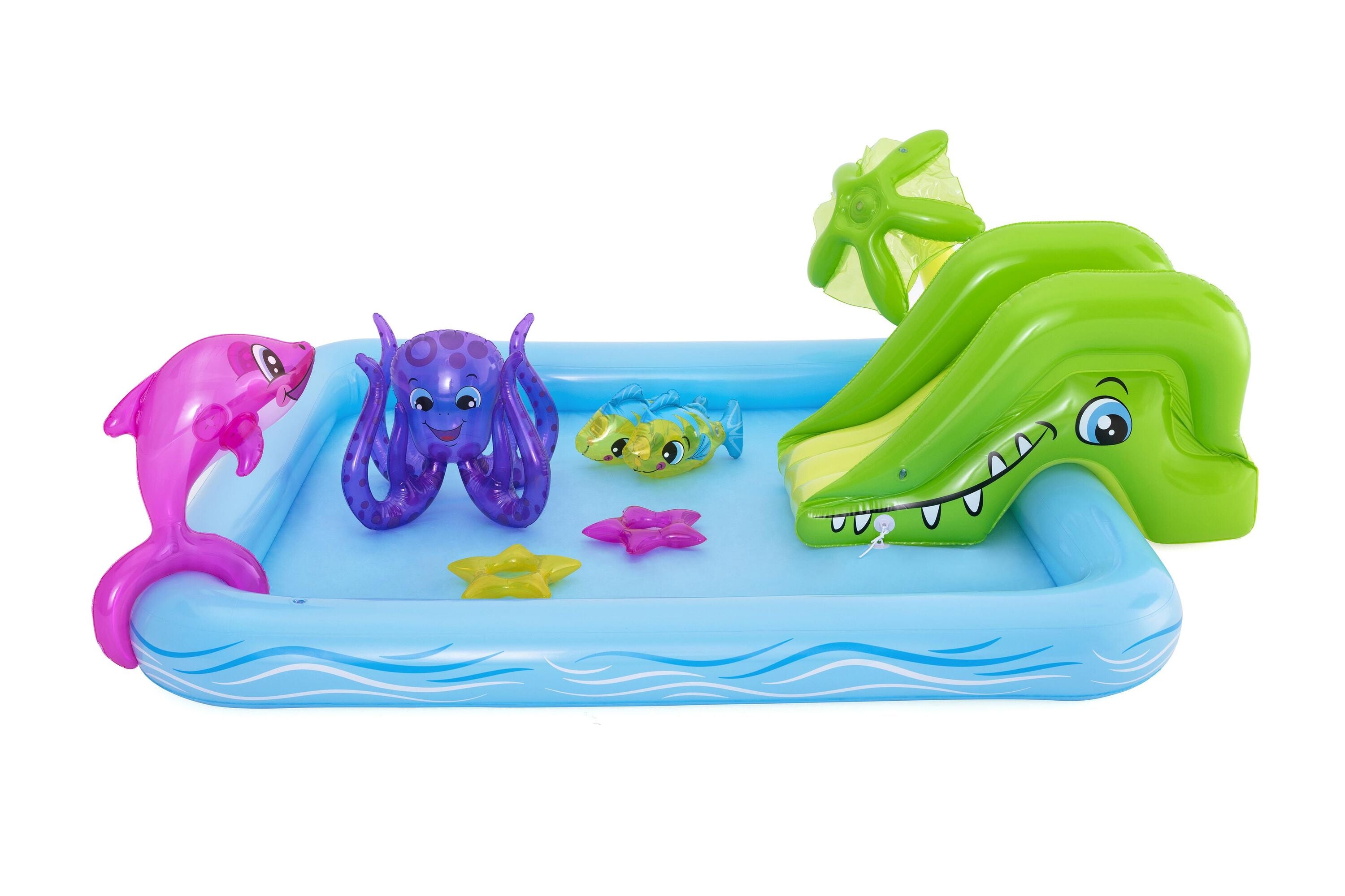 Bestway 2.39M X 2.06M X 86CM Fantastic Aquarium Play Center (Contents:One pool, one slide, one dolphin, two clown fish, one octopus, two rings, repair patch) Age 2+