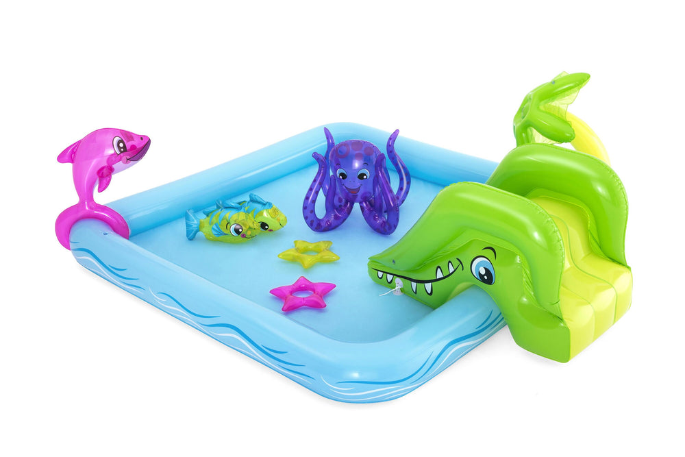 Bestway 2.39M X 2.06M X 86CM Fantastic Aquarium Play Center (Contents:One pool, one slide, one dolphin, two clown fish, one octopus, two rings, repair patch) Age 2+