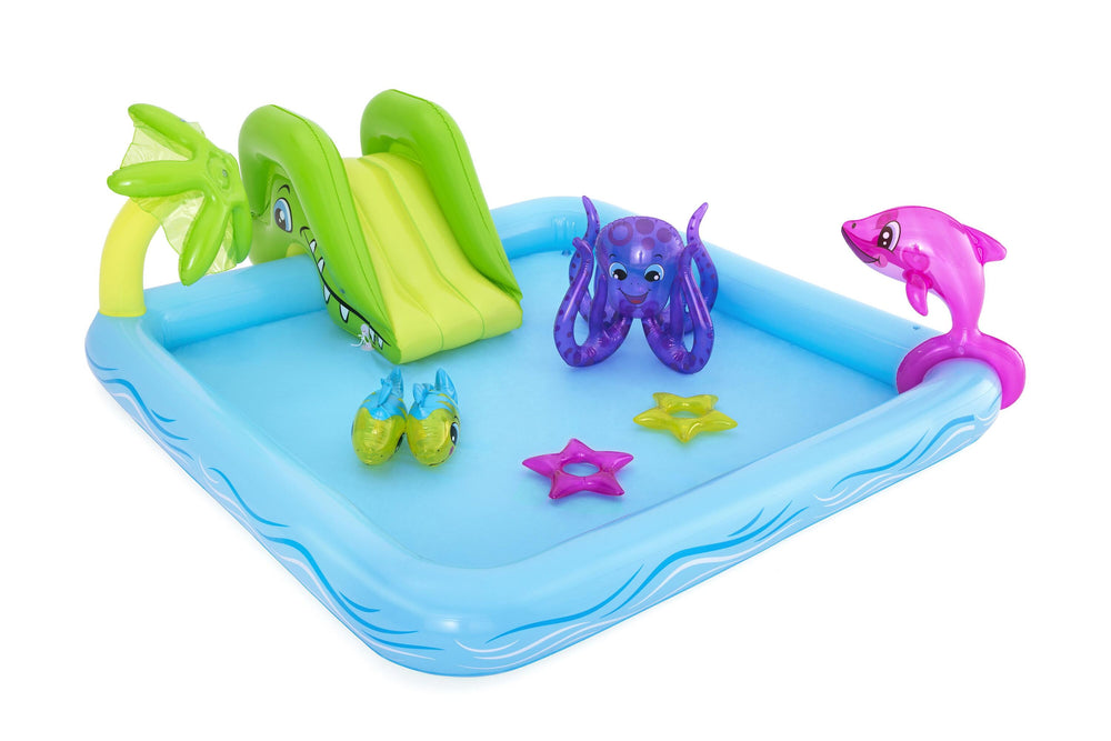 Bestway 2.39M X 2.06M X 86CM Fantastic Aquarium Play Center (Contents:One pool, one slide, one dolphin, two clown fish, one octopus, two rings, repair patch) Age 2+