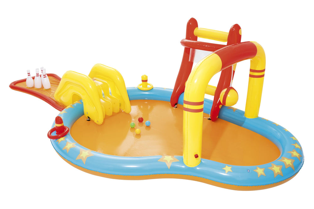 Bestway 4.35M X 2.13M X 1.17M Lil' Champ Play Center (One pool,one slide,six bowling pins,one basketball stand,two inflatable rings,4 play balls,repair patch.) Age 2+