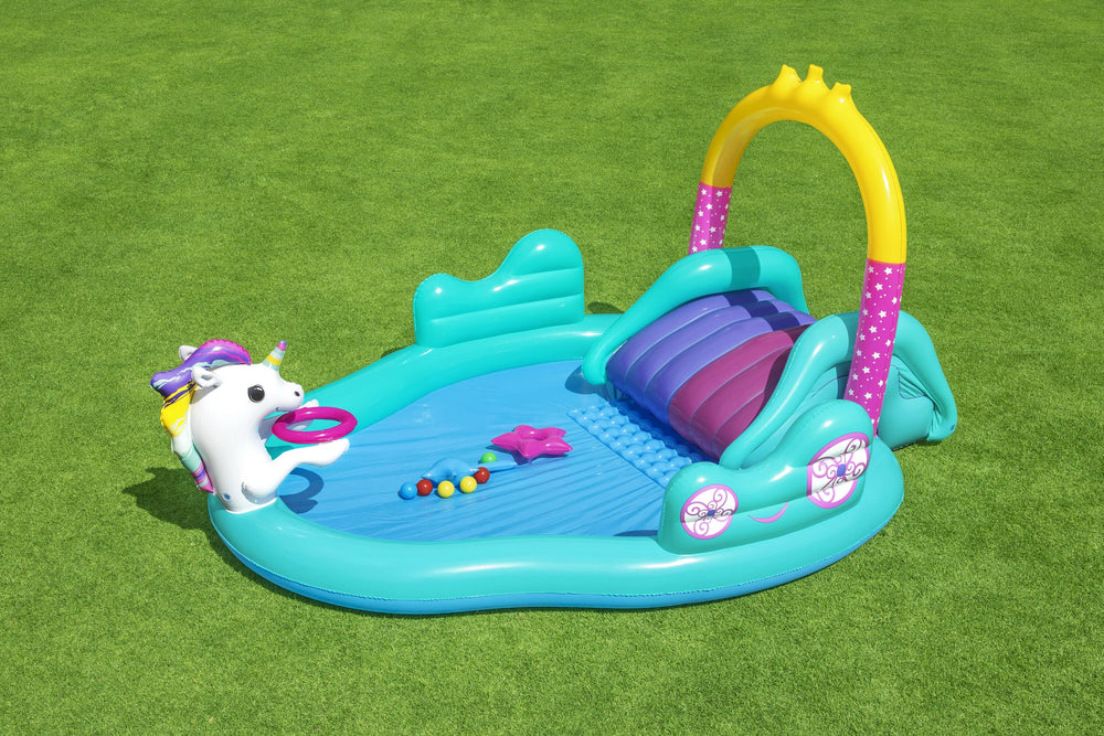 Bestway 2.74M X 1.98M X 1.37M Magical Unicorn Play Center (1 pool, 1 slide, 1 inflatable star ring, 1 magic wand, 6 play balls,repair patch.) Age 2+