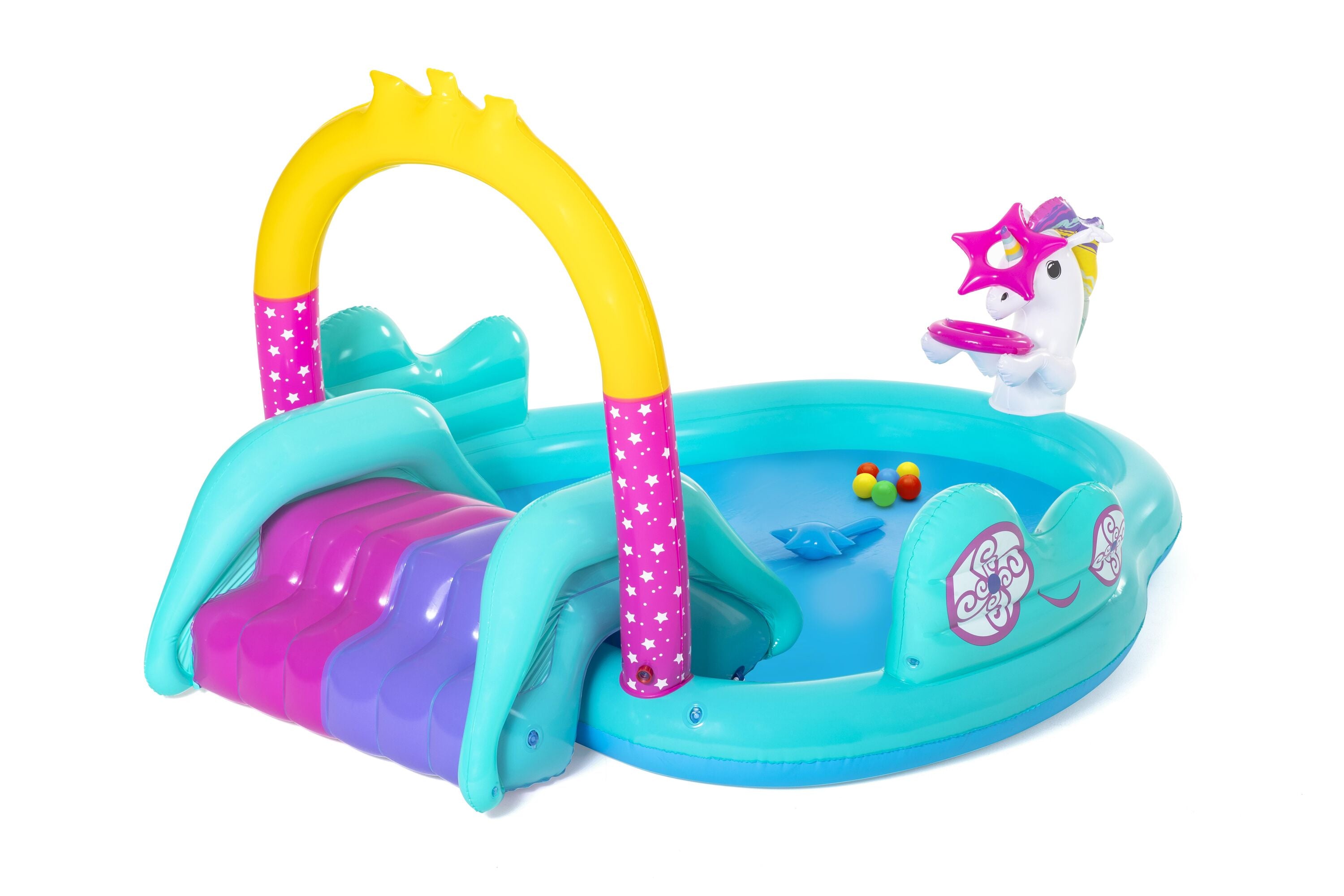 Bestway 2.74M X 1.98M X 1.37M Magical Unicorn Play Center (1 pool, 1 slide, 1 inflatable star ring, 1 magic wand, 6 play balls,repair patch.) Age 2+