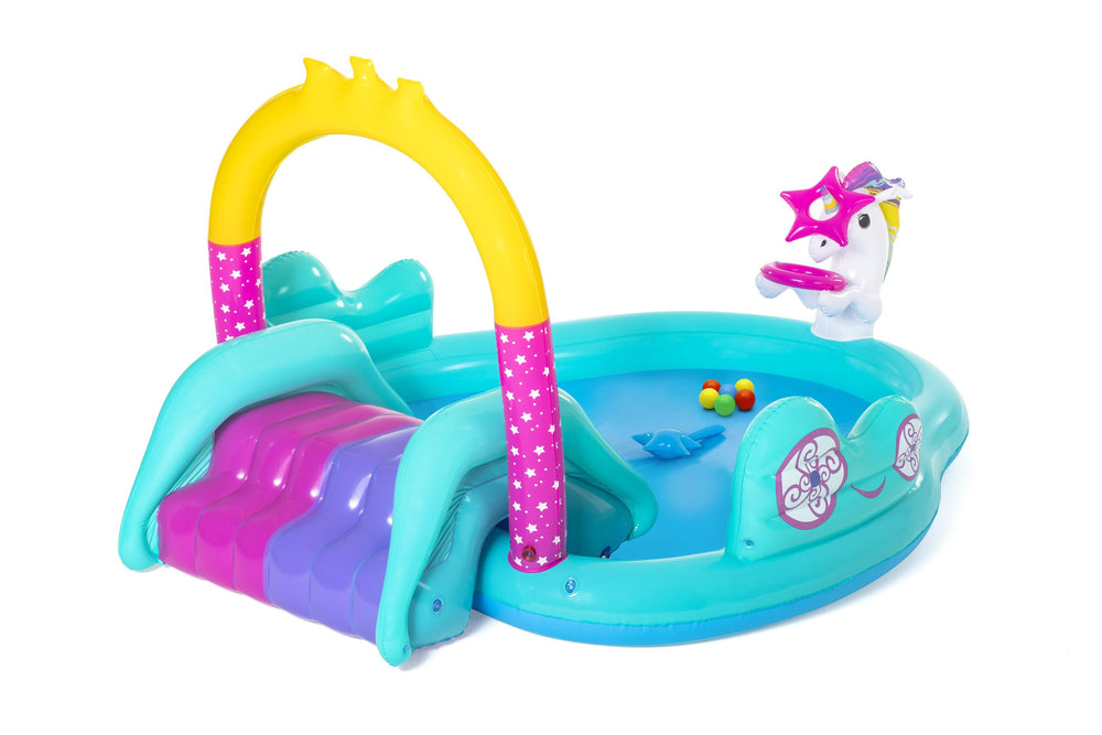 Bestway 2.74M X 1.98M X 1.37M Magical Unicorn Play Center (1 pool, 1 slide, 1 inflatable star ring, 1 magic wand, 6 play balls,repair patch.) Age 2+