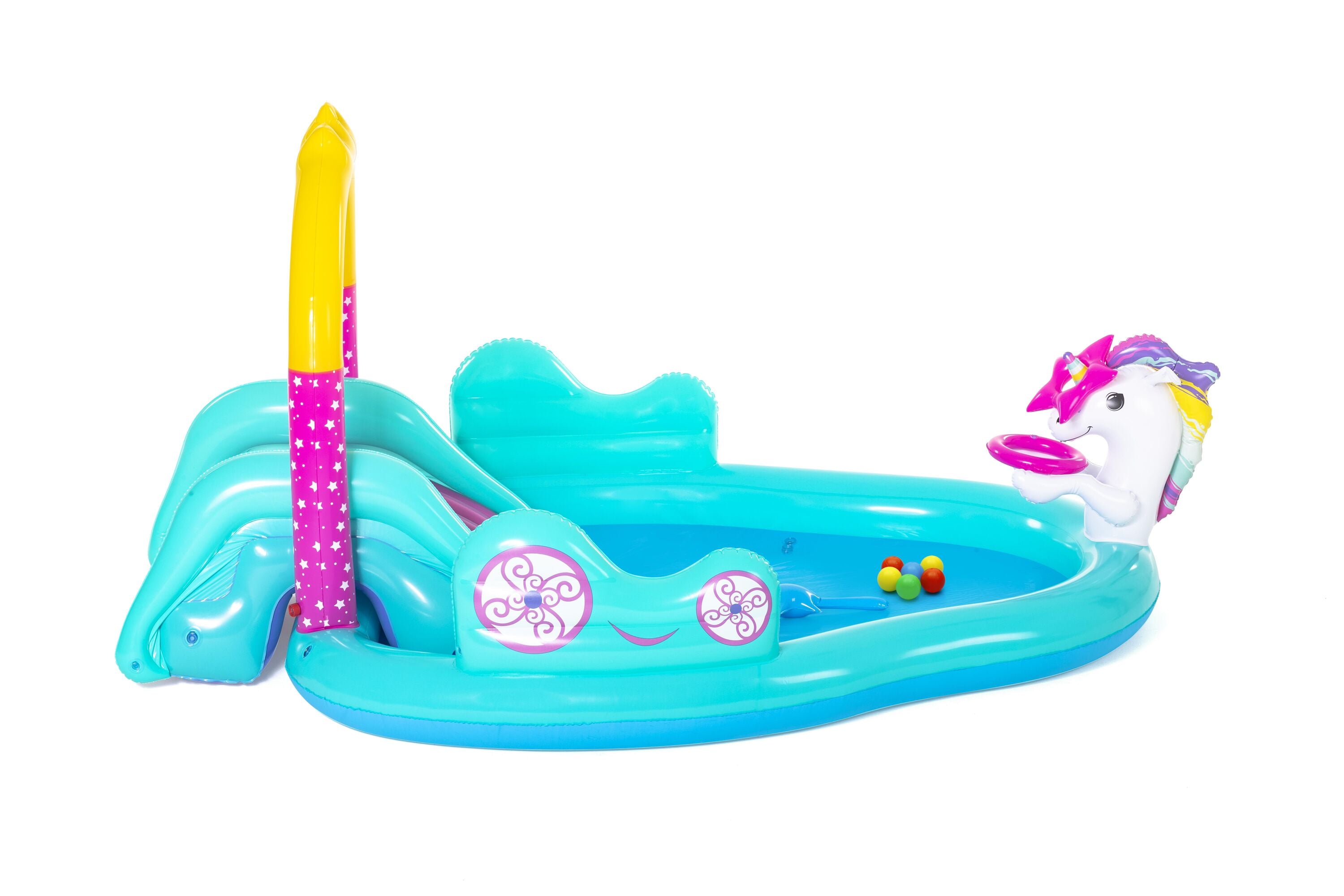 Bestway 2.74M X 1.98M X 1.37M Magical Unicorn Play Center (1 pool, 1 slide, 1 inflatable star ring, 1 magic wand, 6 play balls,repair patch.) Age 2+