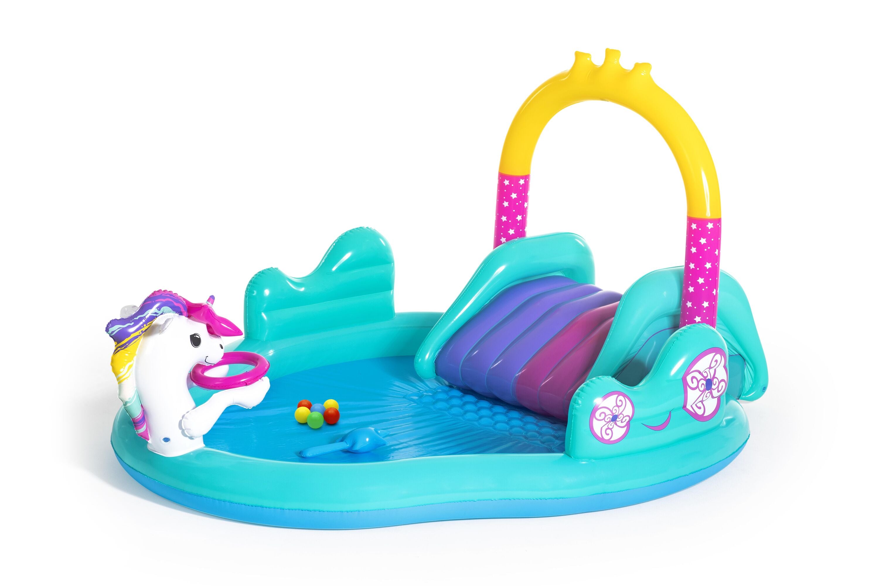 Bestway 2.74M X 1.98M X 1.37M Magical Unicorn Play Center (1 pool, 1 slide, 1 inflatable star ring, 1 magic wand, 6 play balls,repair patch.) Age 2+