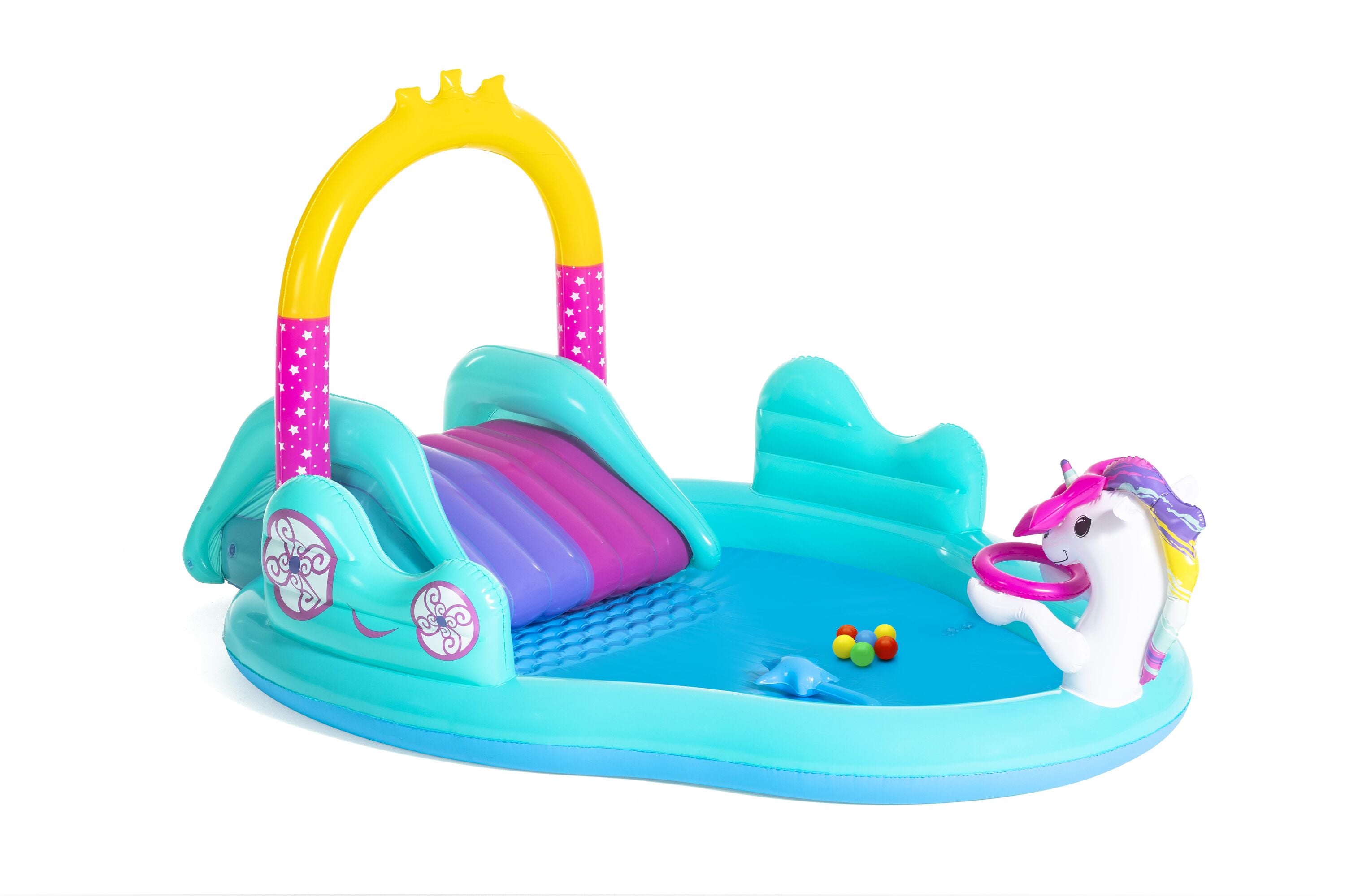 Bestway 2.74M X 1.98M X 1.37M Magical Unicorn Play Center (1 pool, 1 slide, 1 inflatable star ring, 1 magic wand, 6 play balls,repair patch.) Age 2+
