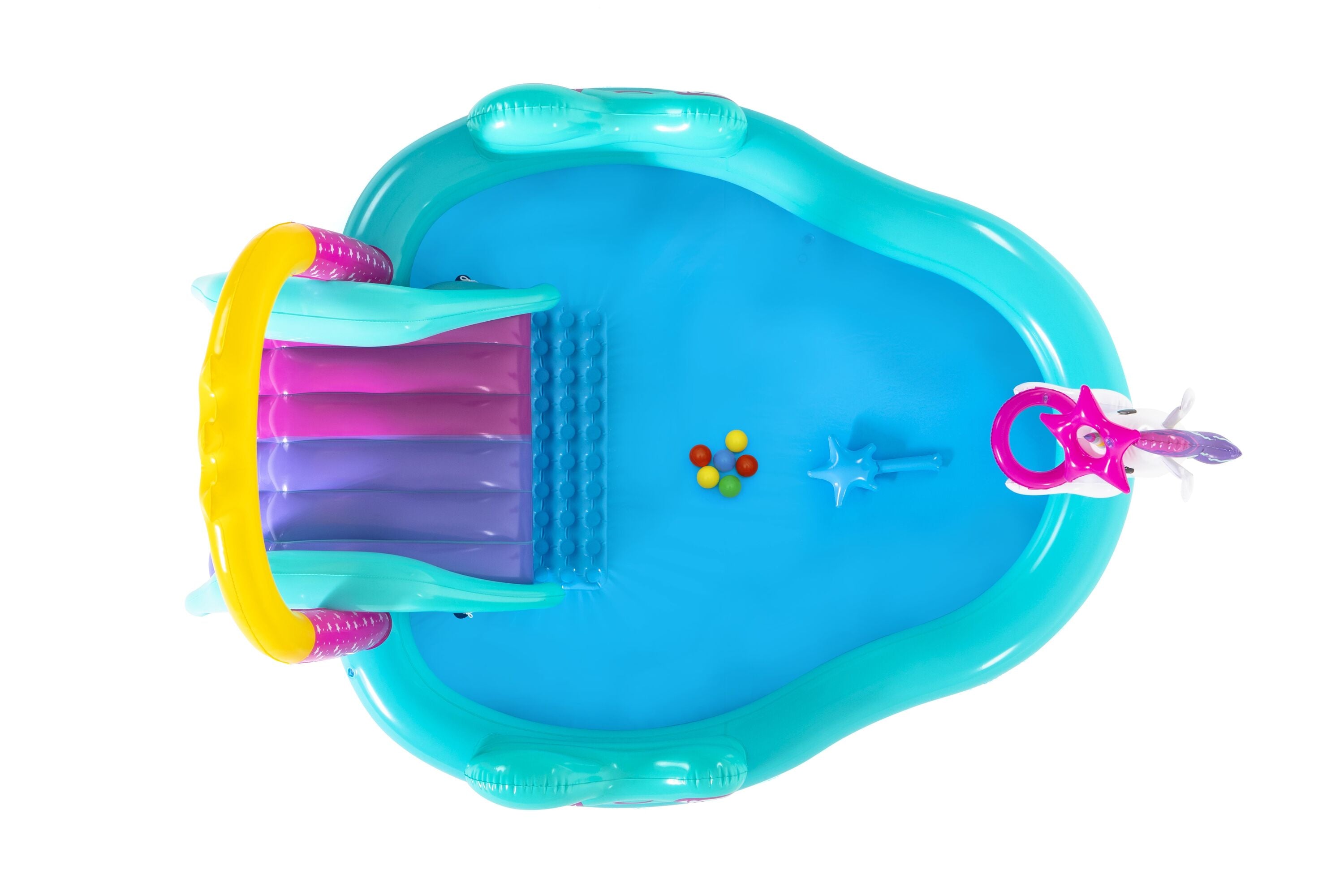 Bestway 2.74M X 1.98M X 1.37M Magical Unicorn Play Center (1 pool, 1 slide, 1 inflatable star ring, 1 magic wand, 6 play balls,repair patch.) Age 2+