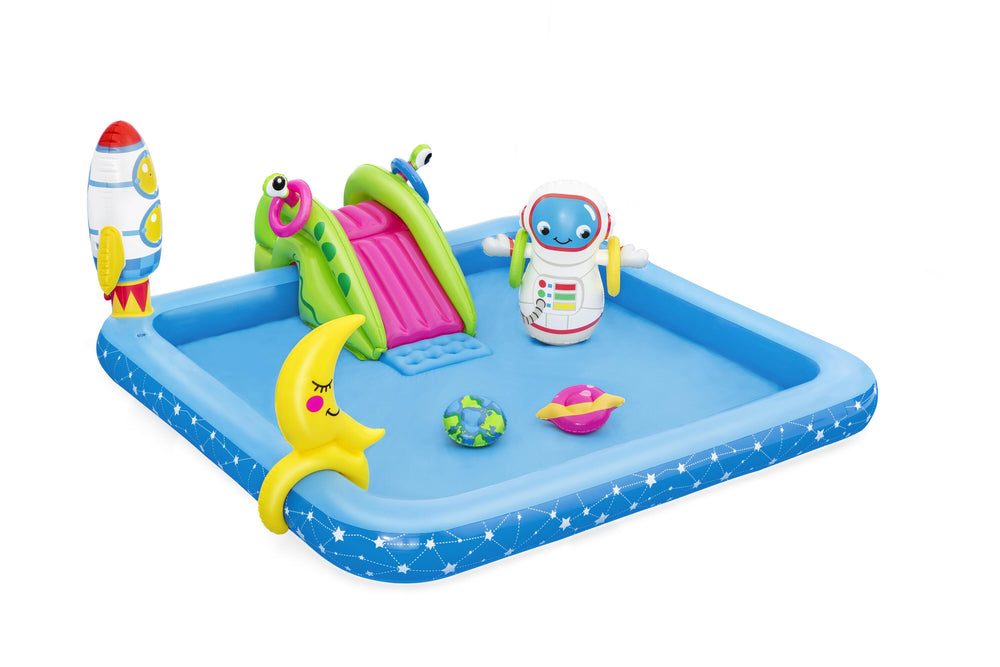 Bestway 2.28M X 2.06M X 84CM Little Astronaut Play Center (1 pool, 1 bop bag, 1 moon ring toss, 1 earth frisbee, 1 planet frisbee, four rings, repair patch.) Age 2+