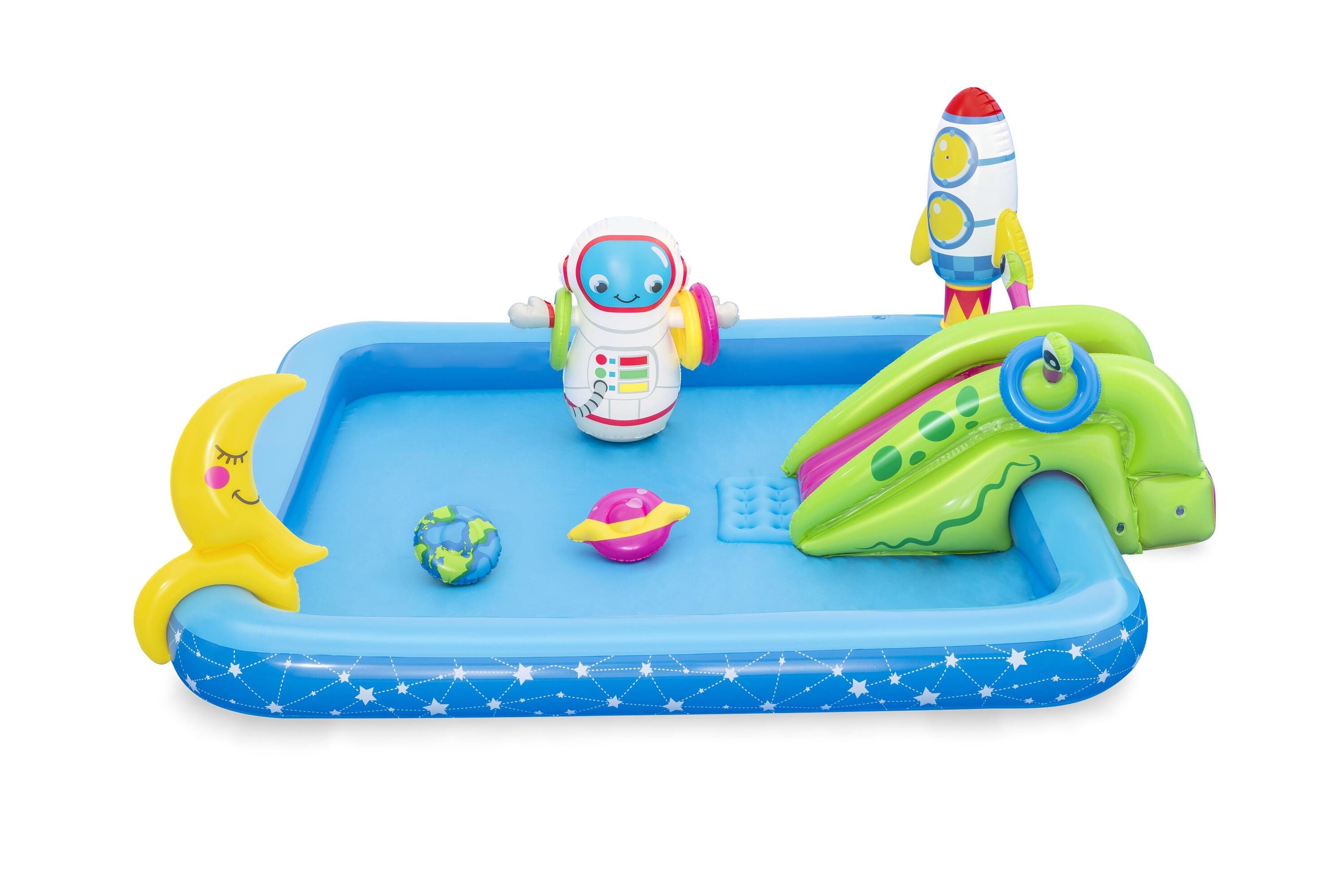 Bestway 2.28M X 2.06M X 84CM Little Astronaut Play Center (1 pool, 1 bop bag, 1 moon ring toss, 1 earth frisbee, 1 planet frisbee, four rings, repair patch.) Age 2+