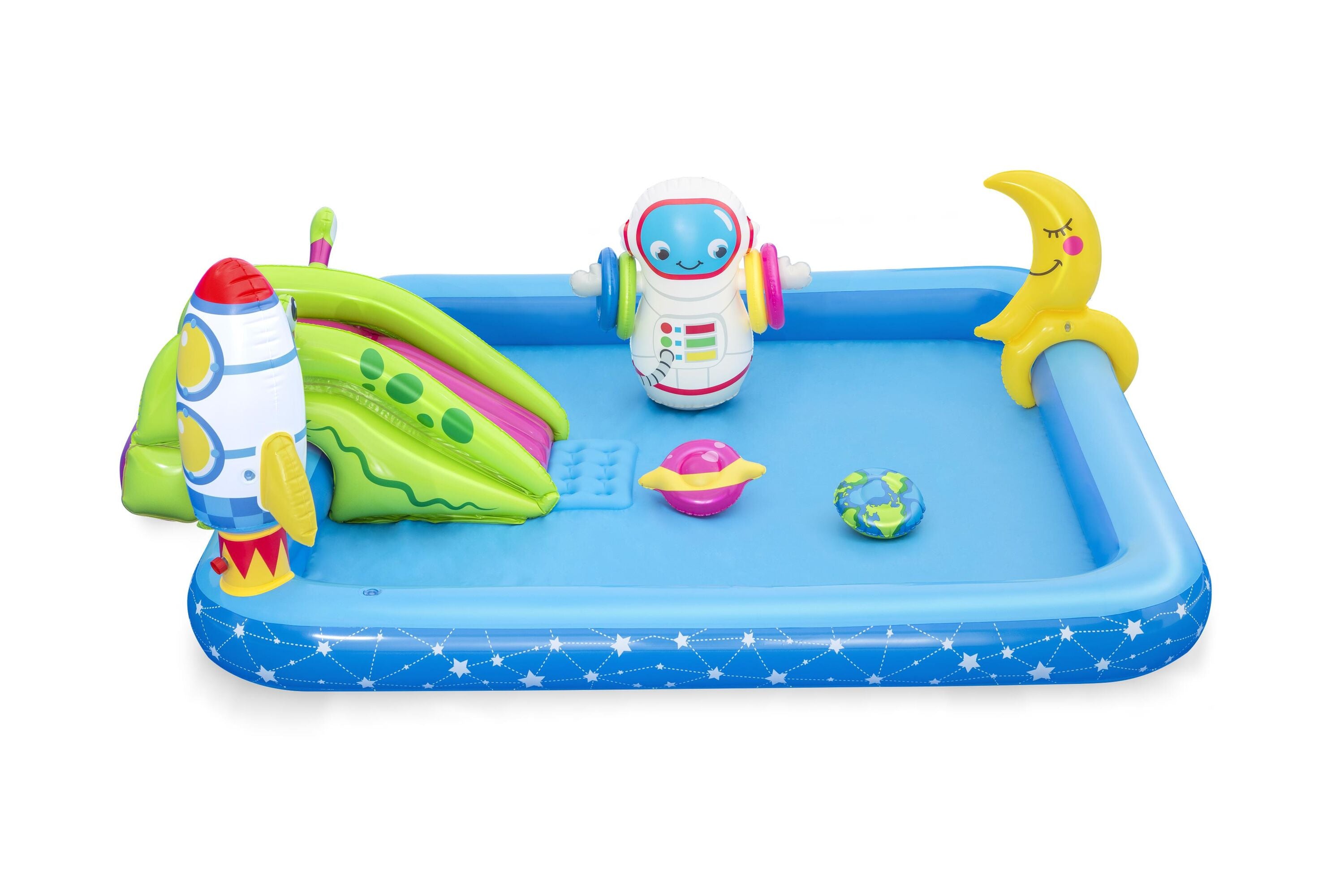 Bestway 2.28M X 2.06M X 84CM Little Astronaut Play Center (1 pool, 1 bop bag, 1 moon ring toss, 1 earth frisbee, 1 planet frisbee, four rings, repair patch.) Age 2+