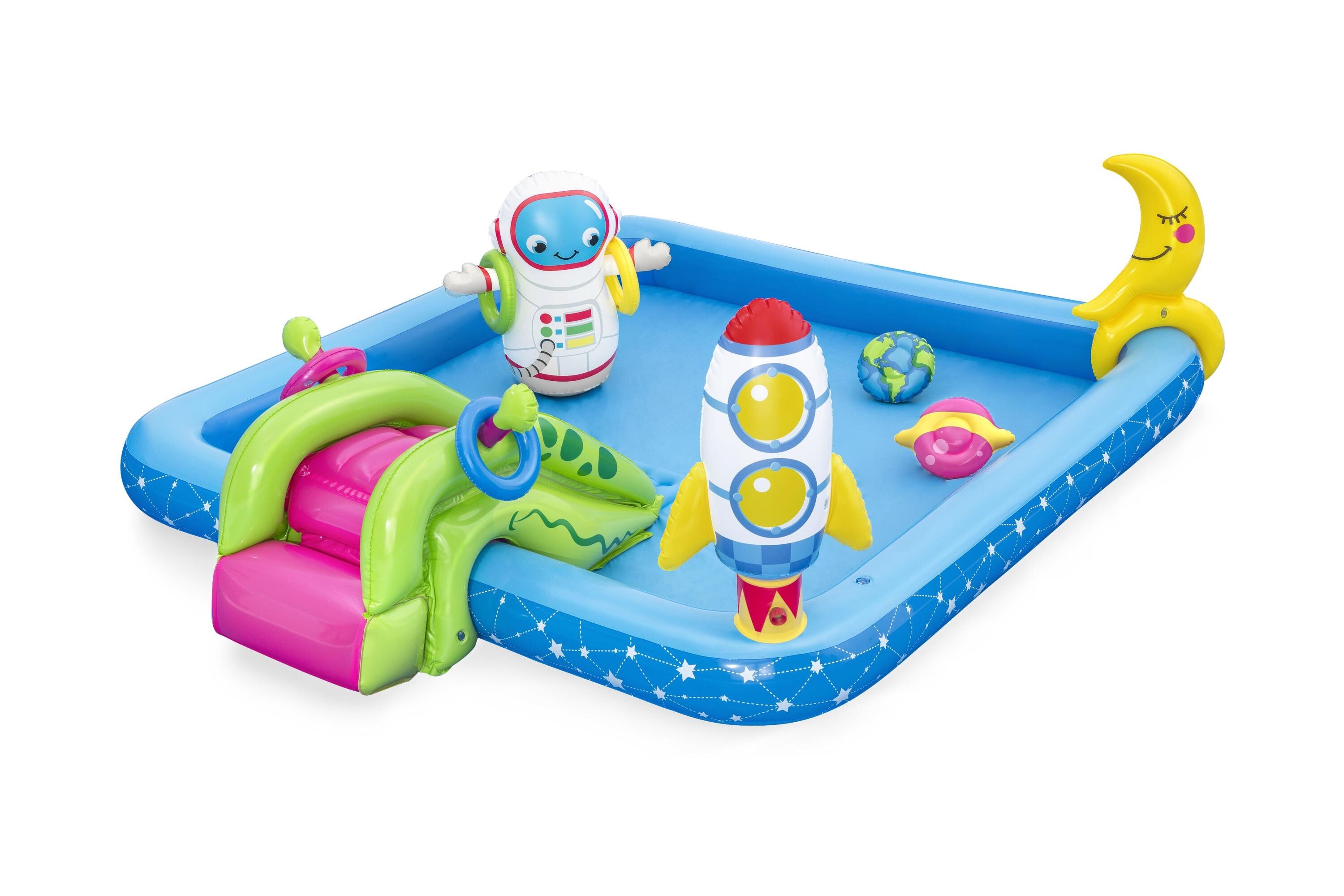 Bestway 2.28M X 2.06M X 84CM Little Astronaut Play Center (1 pool, 1 bop bag, 1 moon ring toss, 1 earth frisbee, 1 planet frisbee, four rings, repair patch.) Age 2+