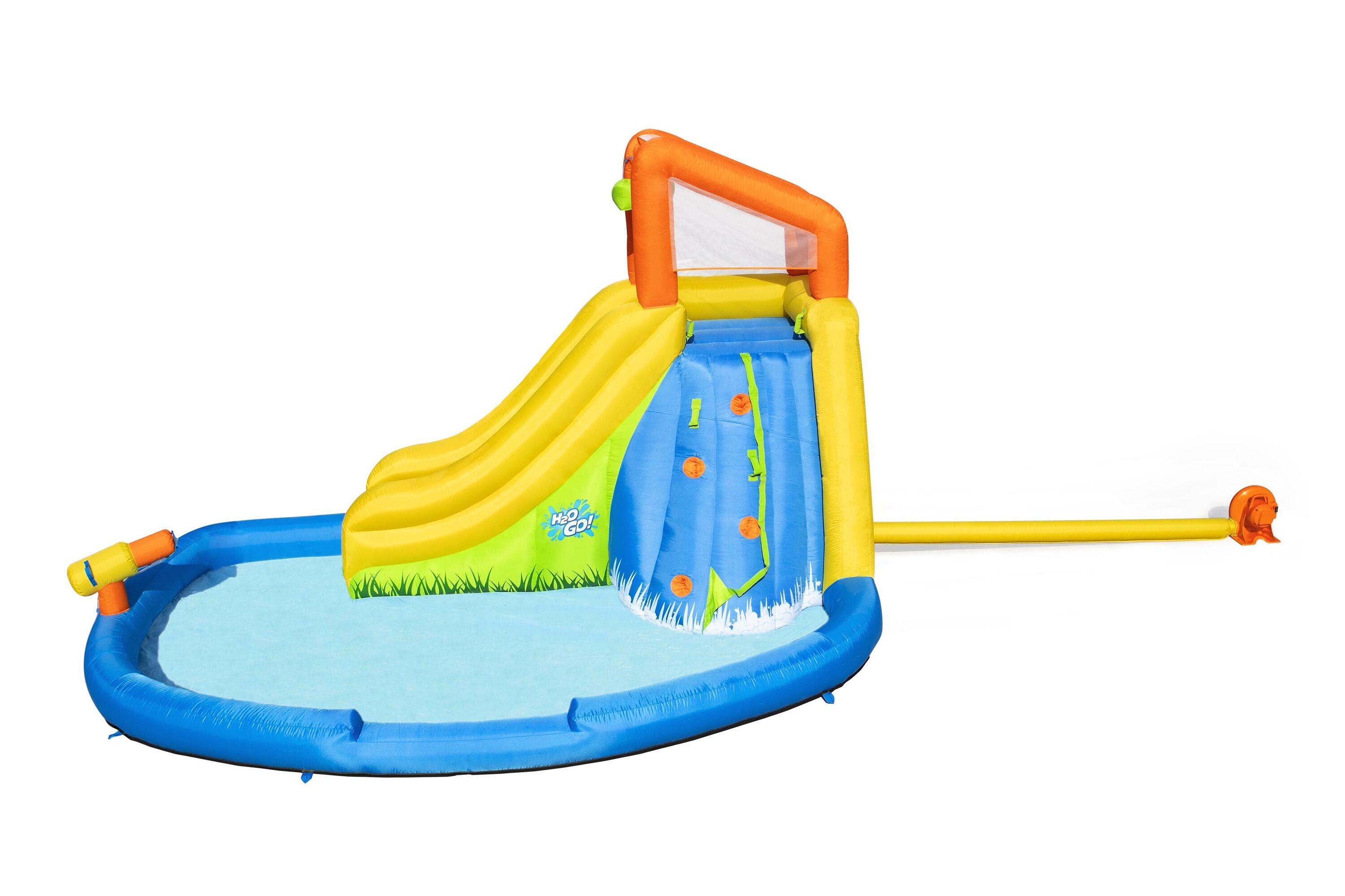 Bestway 4.35M X 2.86M X 2.67M Mount Splashmore Mega Waterpark (1 water slide with pool, 1 blower, 1 waters spraying hose, 1 anchor bag, 1 repair kit, 1 storage bag , 2 blower stakes , 10 bouncer stakes.) Age 5+