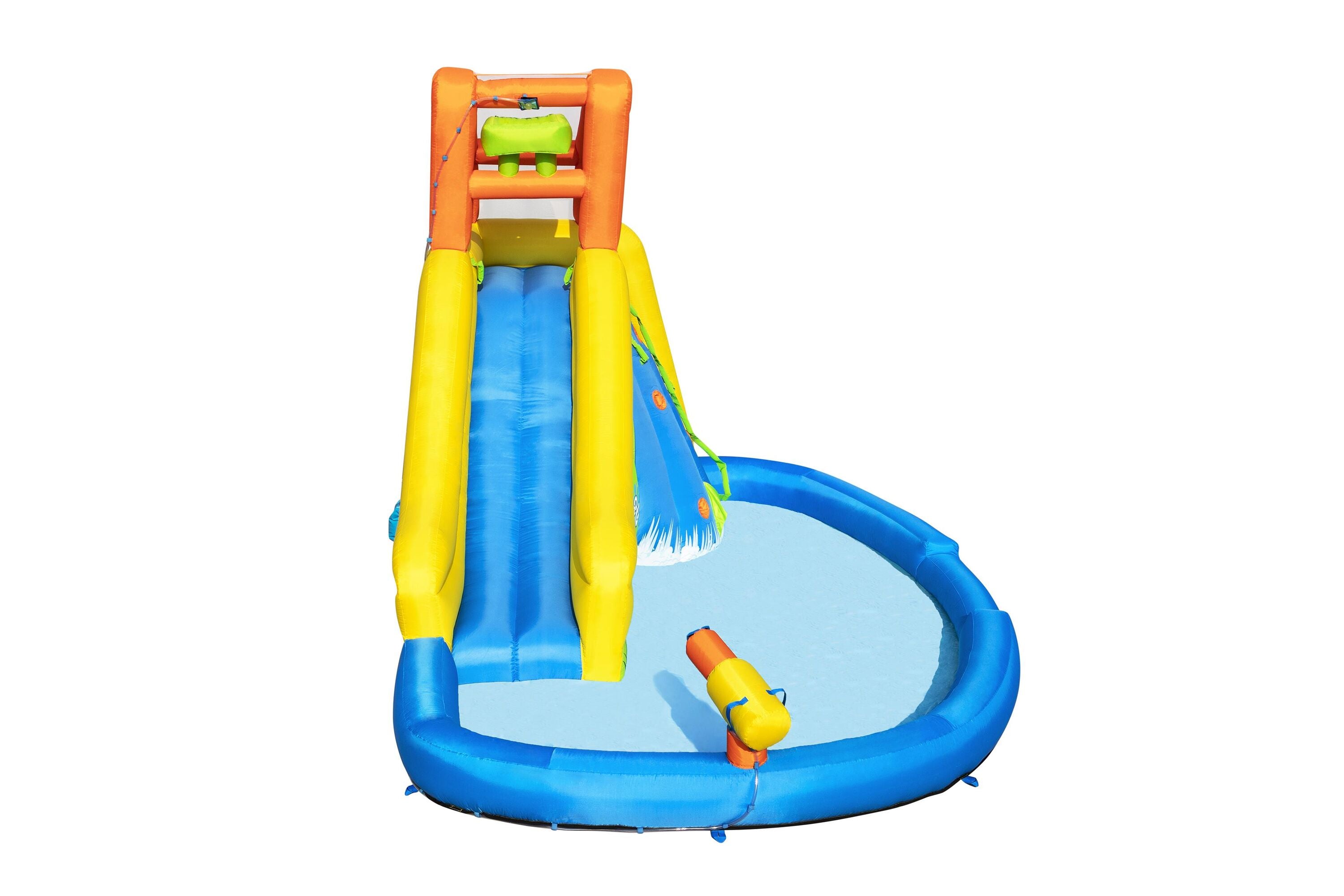 Bestway 4.35M X 2.86M X 2.67M Mount Splashmore Mega Waterpark (1 water slide with pool, 1 blower, 1 waters spraying hose, 1 anchor bag, 1 repair kit, 1 storage bag , 2 blower stakes , 10 bouncer stakes.) Age 5+