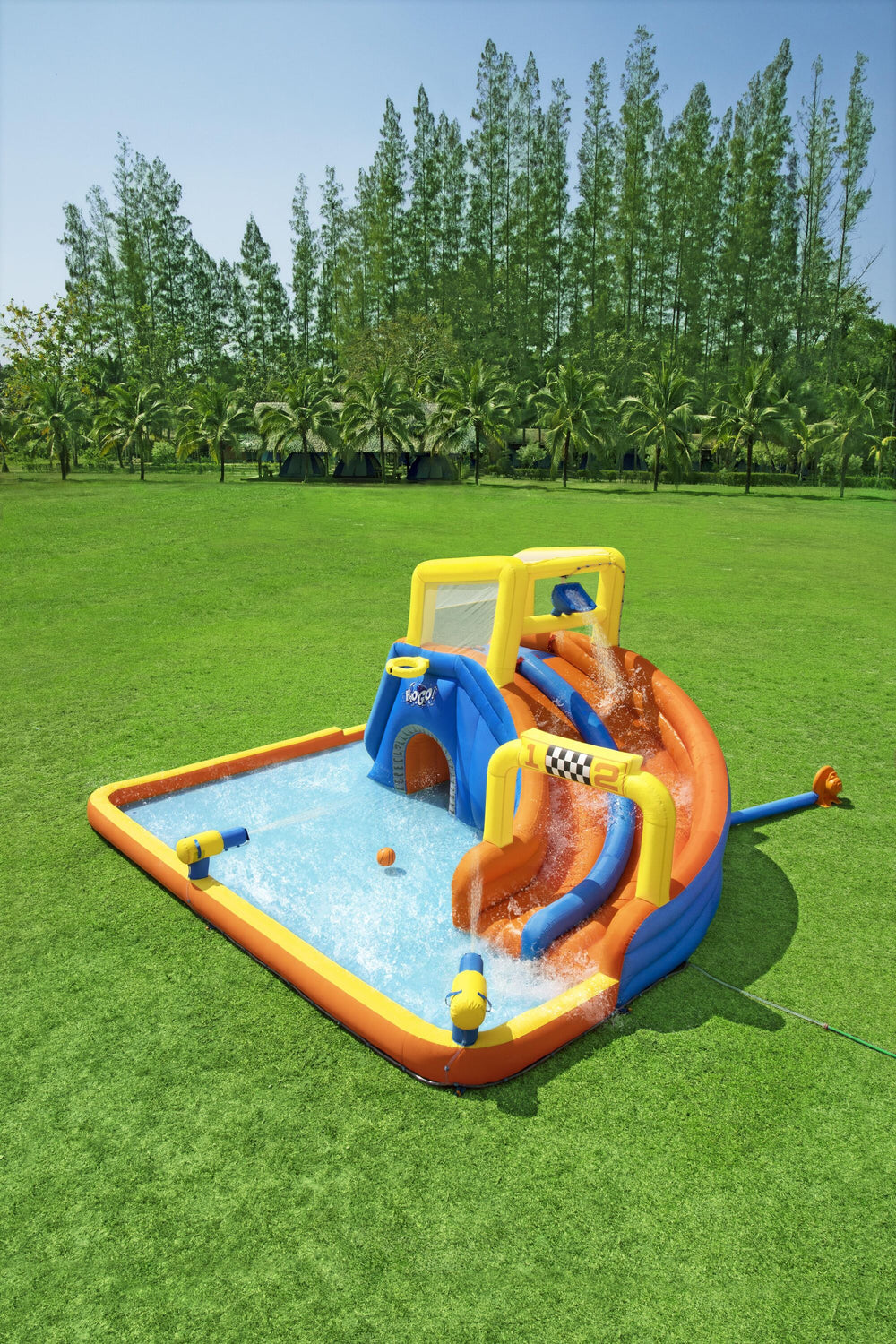Bestway 5.51M X 5.02M X 2.65M Super Speedway Mega Water Park (1 slide, 1 blower, 1 repair kit (multiple assorted patches), 1 storage bag,10 bouncer stakes, 1 waters spraying hose,1 basketball) Age 5-10