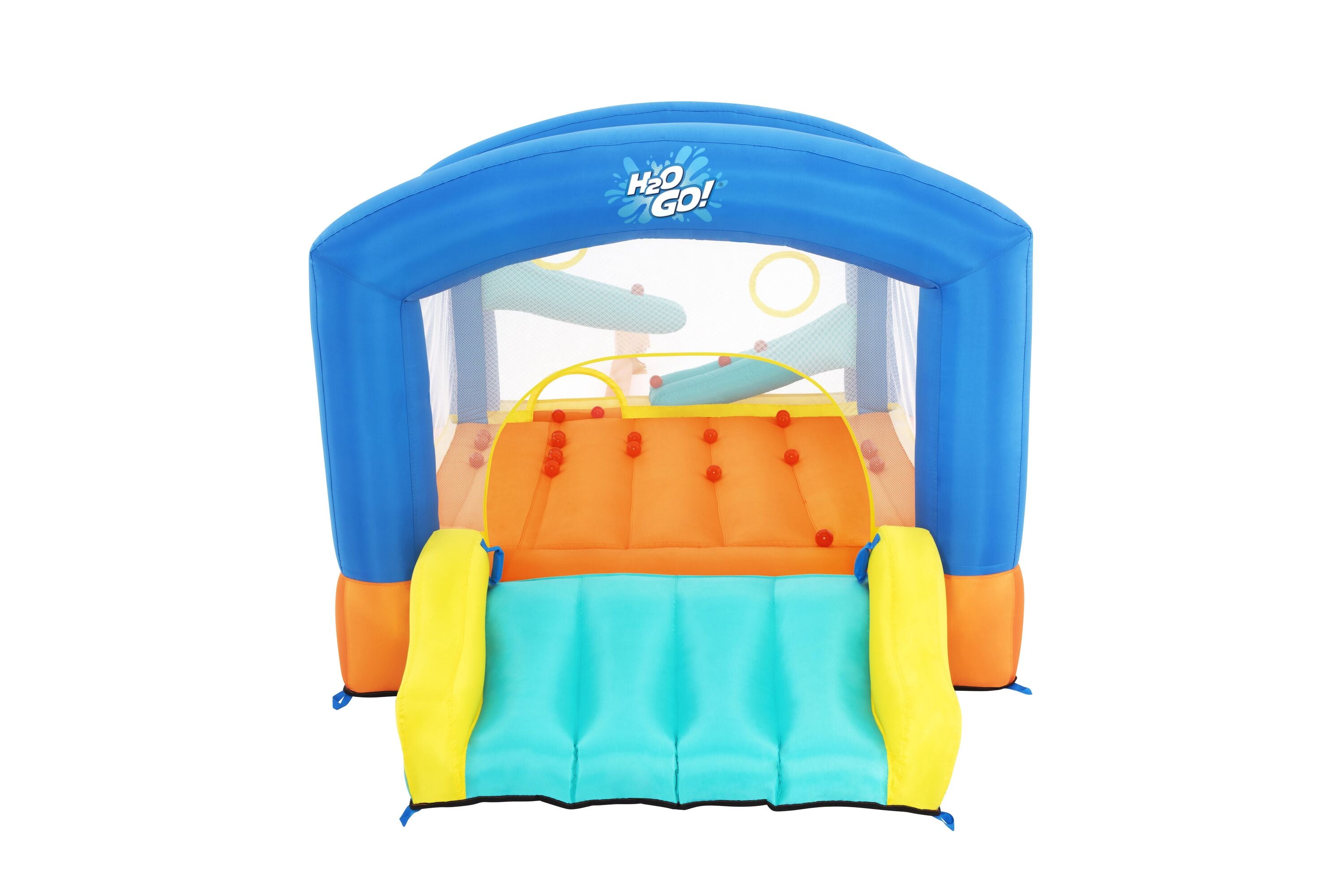 Bestway 2.89M X 2.13M X 1.73M Leap & Play Mega Bouncer (1 bouncer, 1 blower (stakes included), 1 repair kit (multiple assorted patches), 1 storage bag, 9 bouncer stakes, 25 play balls) Age 3+