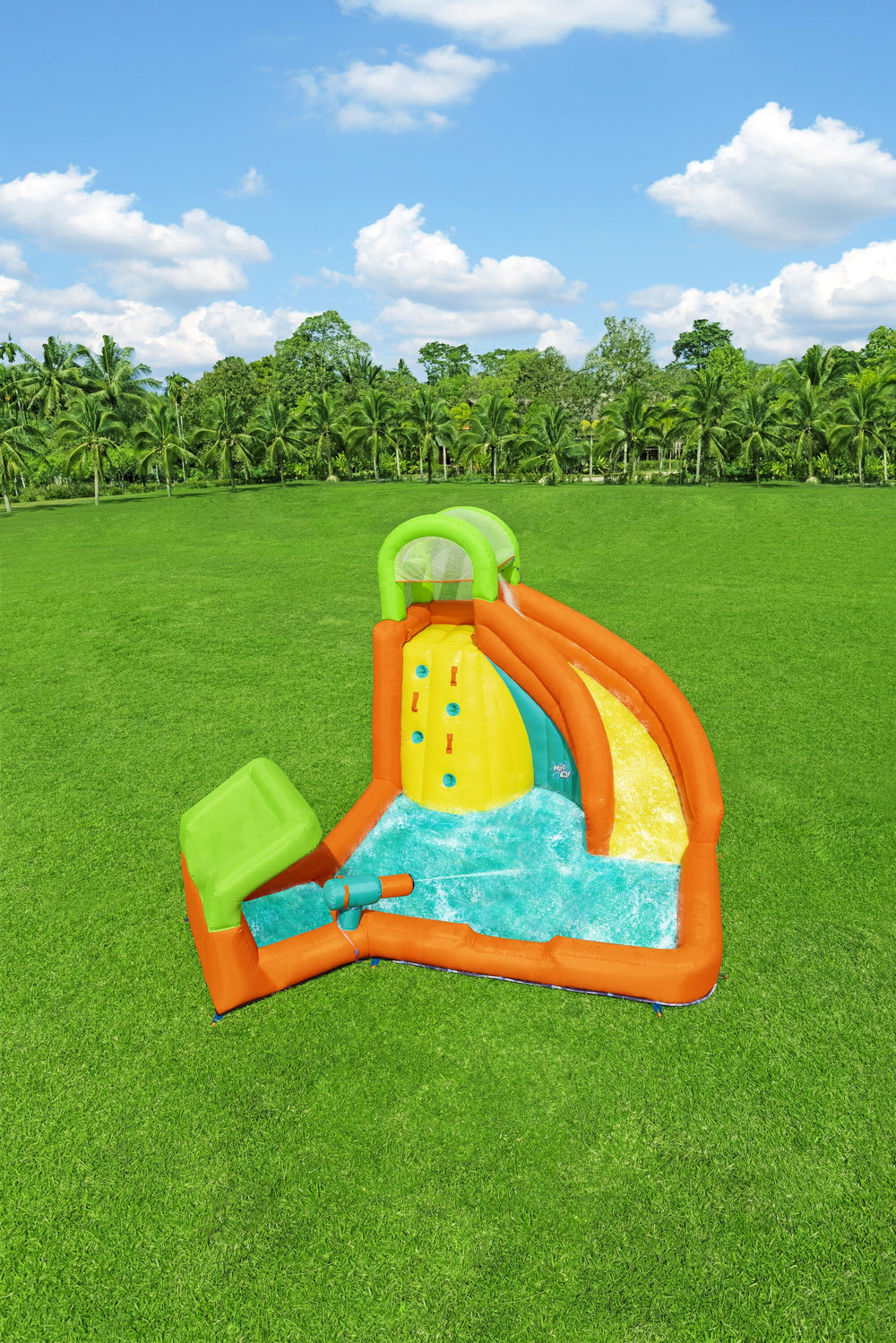 Bestway 4.26M X 3.69M X 2.64M Canopy Cove Mega Water Park (Contents: 1 slide, 1 blower (stakes included), 1 repair kit (multiple assorted patches), 1 storage bag, 11 bouncer stakes, 1 water spraying hose assembly) Age 5+
