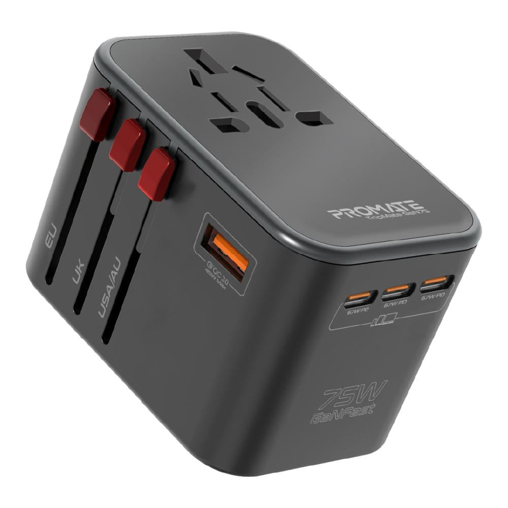 Promate - GaNFast™ Travel Adapter with 75W Power Delivery Triple USB-C & Dual 30W Quick Charge 3.0,BLACK