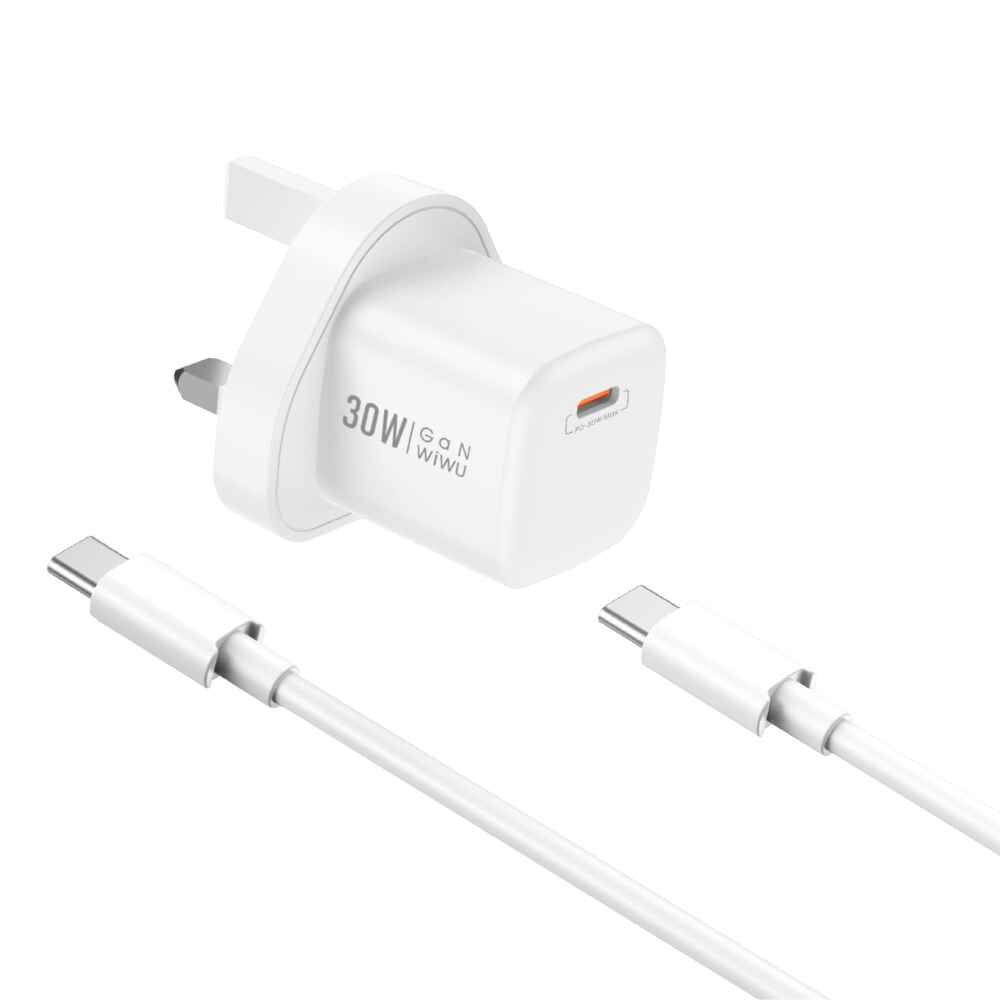WIWU Wi-U006 C-C 30W PD fast Charger/ UK Plug +USB C to C White