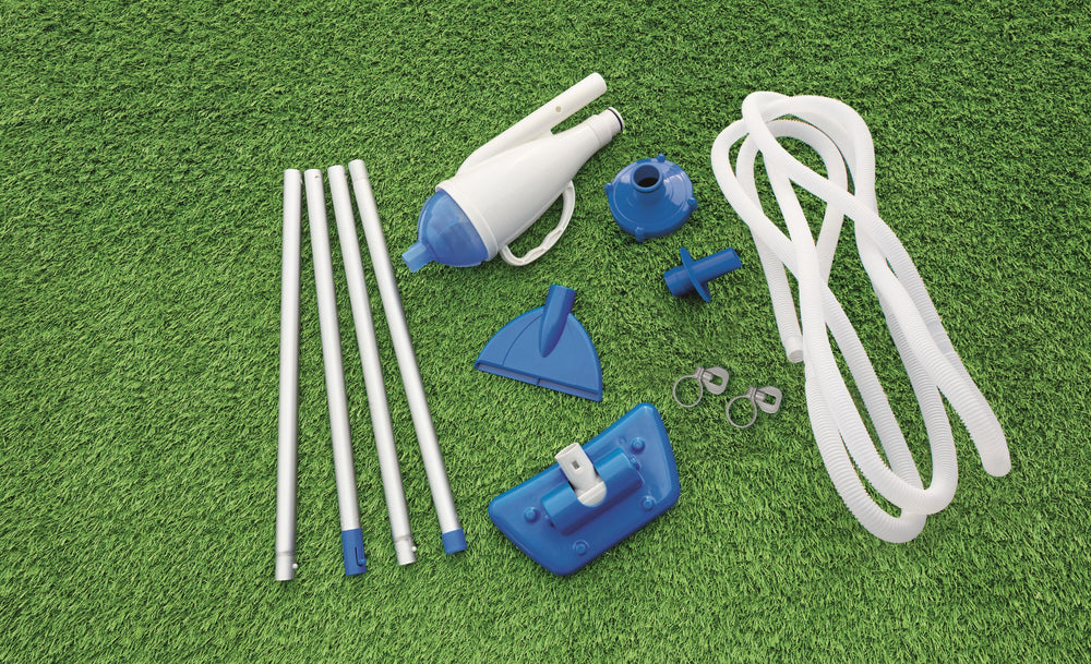 Bestway Aquacrawl Pool Vacuum (Contents:1 suction nozzle,1 skimmer head,4 aluminium pipes,6-metre pipe,2 adaptors.apply to 15'and below pools,minimum flow requires 2,006L/h(530gal./h))
