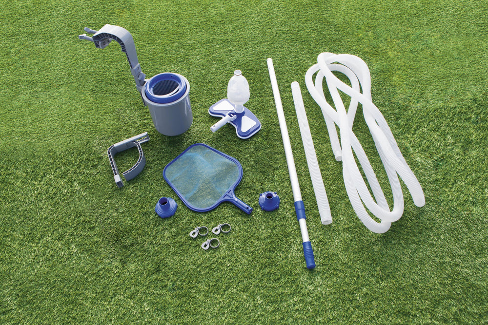 Bestway Deluxe Maintenance Kit (Contents:1 aluminum pole, 1 mesh netting, 1 skimmer, 1pc 7.5-metre hose, 1 surface skimmer.the minimum flow rate of pump is 2,006 L/h (530 gal./h), compatible with all pools except steel wall pools)