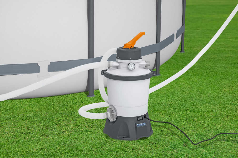 Bestway 3028L/800GAL Sand Filter (Contents:Sand Filter(220-240V~, 85W), Pumps water flow rate 3028L/h(800gal/h), Required sand size: #20 silica sand, 0.45-0.85mm, approximately 8.5kg, Diameter 3.2 cm /1.25 ' hose can be used with sand filter)