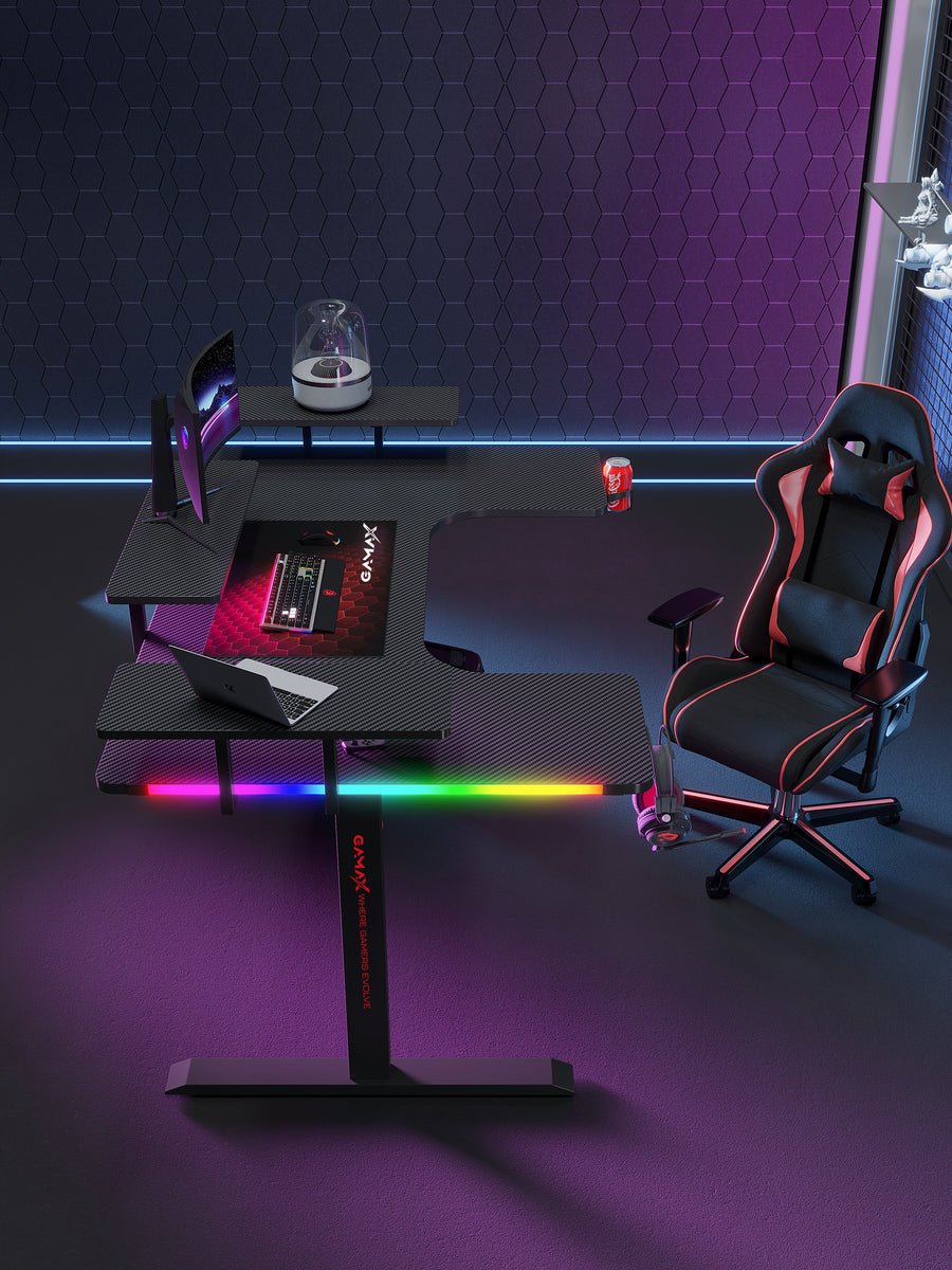 Gamax P203 RGB Carbon Fiber Gaming Workstation Desk with Multi Level Shelves and mousepad 160*100*74 cm - Black