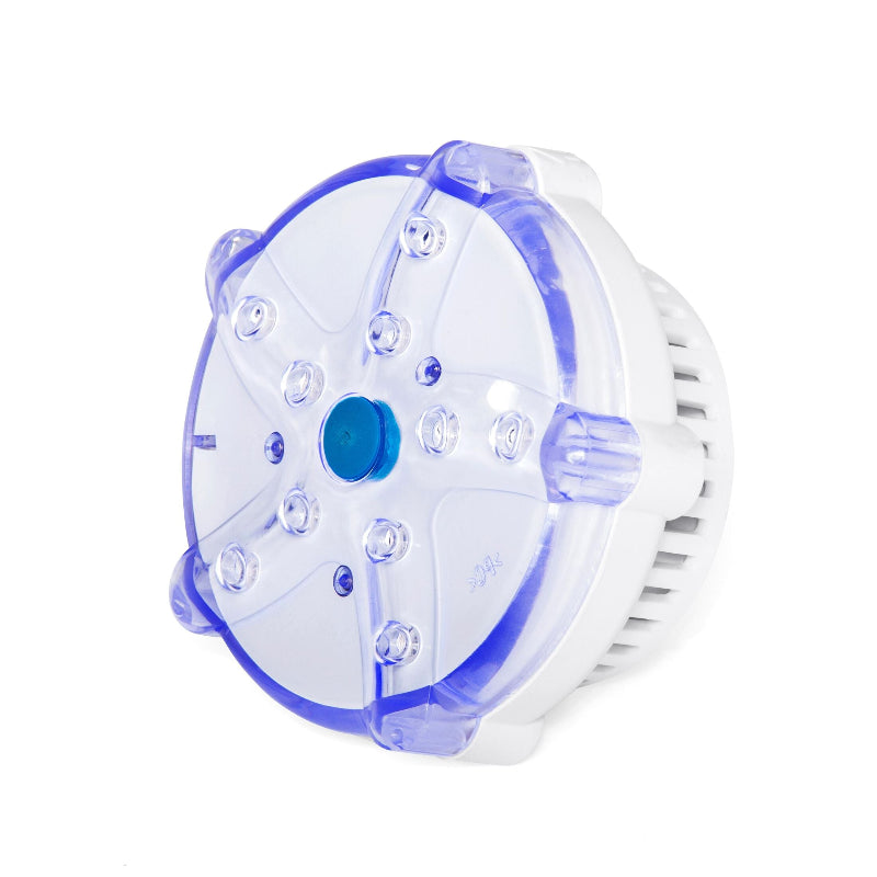 Clear and white shower head with blue accents on a white background