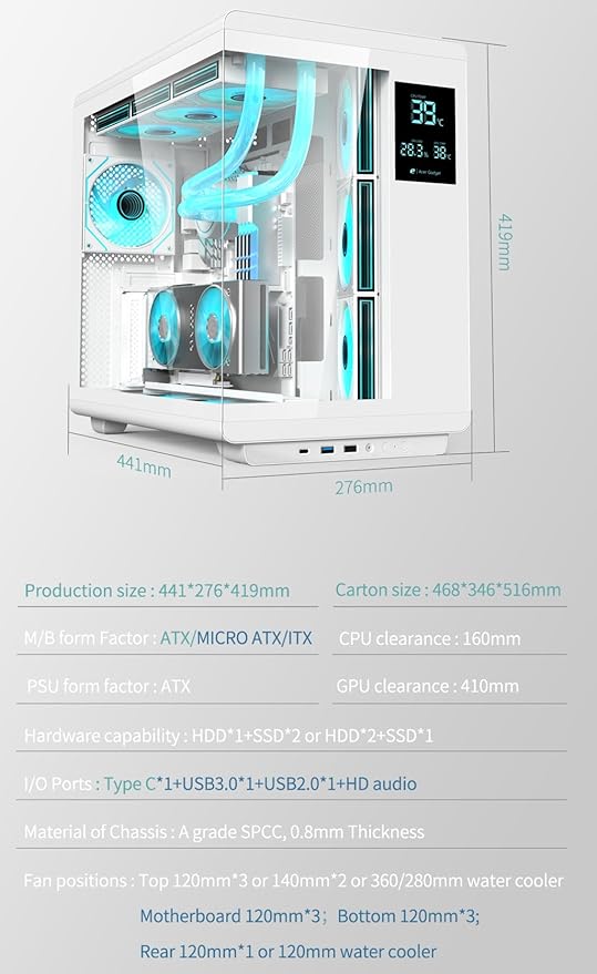 ACER U600 ATX PC Case, Full Tower Gaming Computer Case with Tempered Glass Side Panel, 7 RGB Fans & Remote Control, Temperature Display, SPCC Steel Frame, 3 USB Ports, White Mid Tower Case