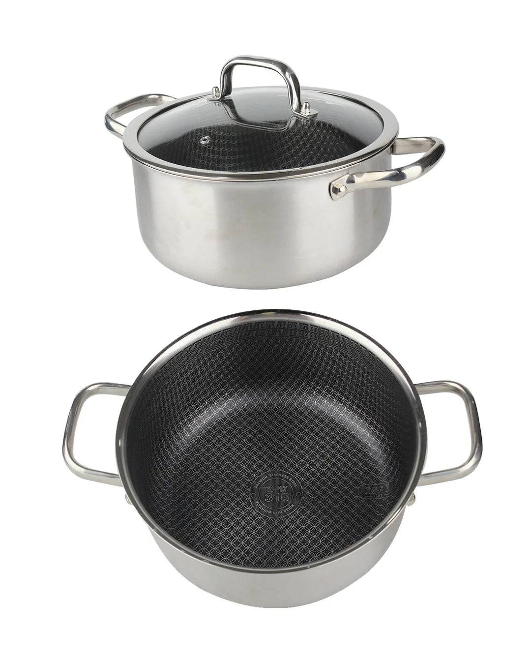 OSFE Home Cooking 316 High Quality 10-Piece Luxury Triply Stainless Steel Non Stick Cookware Set With Glass Lid (32-28-24-20 cm Pots and Pan 28 cm)