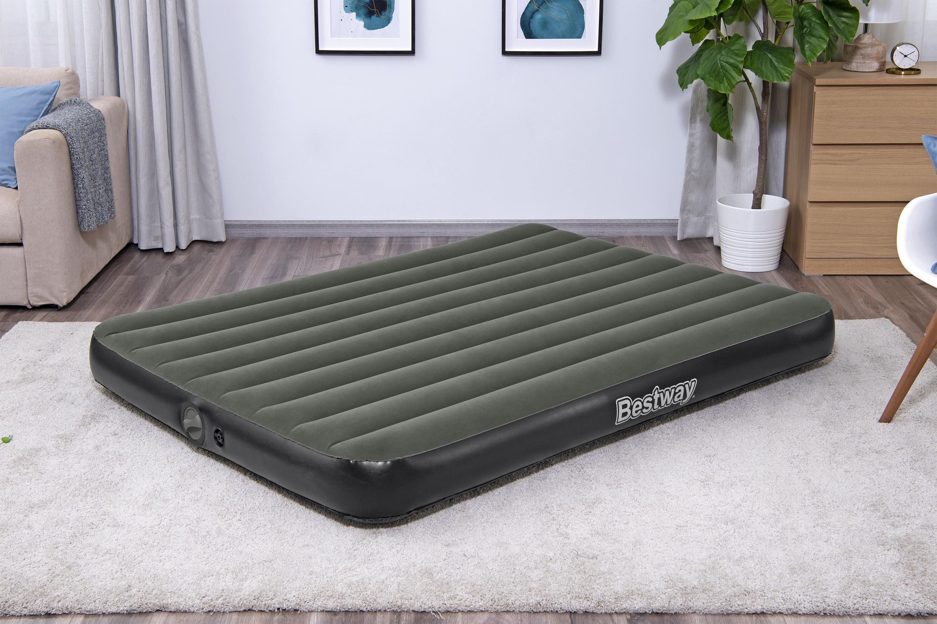 Bestway 2.03m x 1.52m x 25cm Tritech Air Mattress Queen Built-in Rechargeable Pump (Air Mattress, repair patch,USB charging cable, with Built-in Rechargeable Pump)