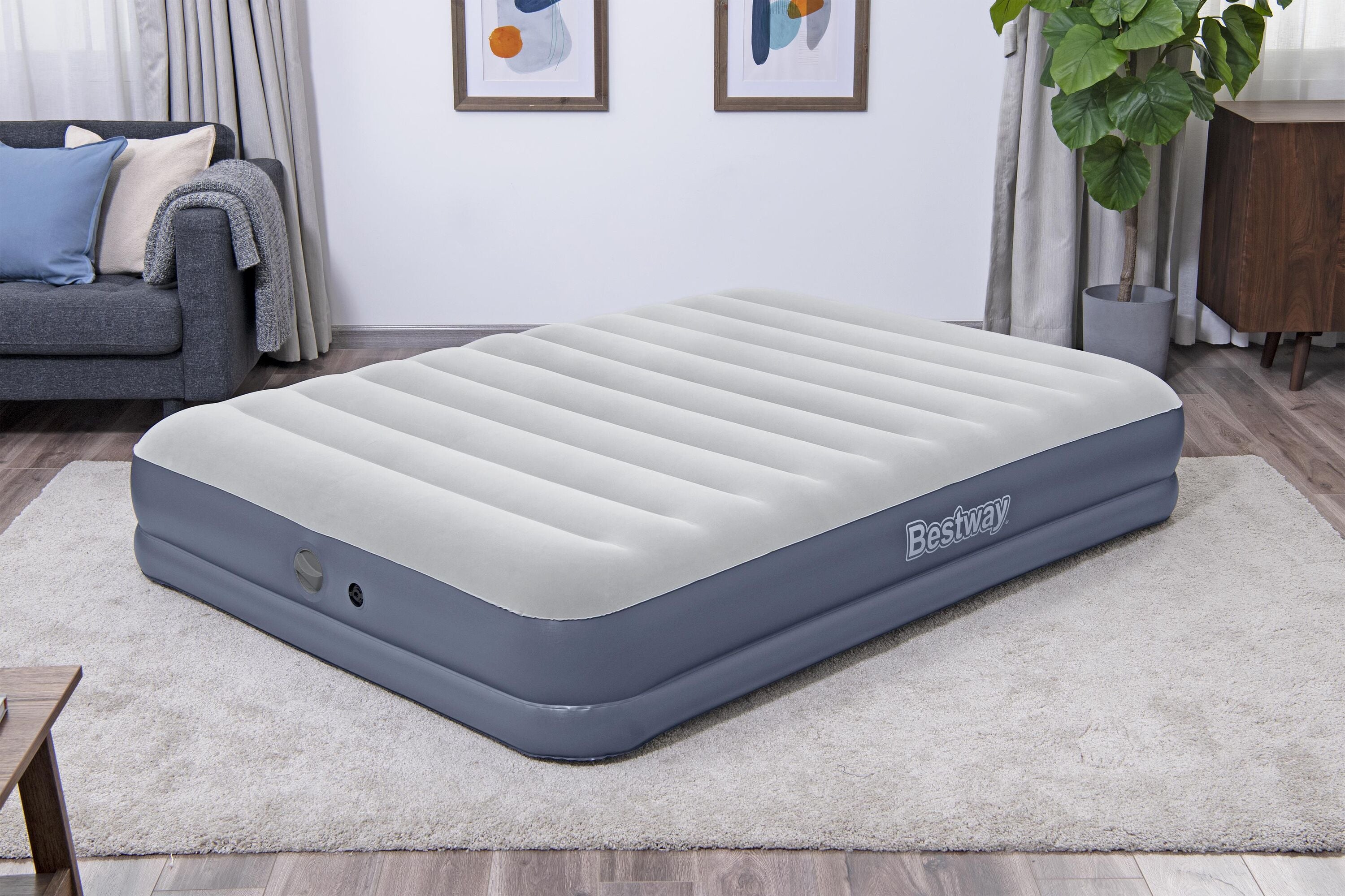 Bestway 2.03m x 1.52m x 36cm Tritech Air Mattress Queen Built-in Rechargeable Pump (air mattress, repair patch,USB charging cable, with Built-in Rechargeable Pump)
