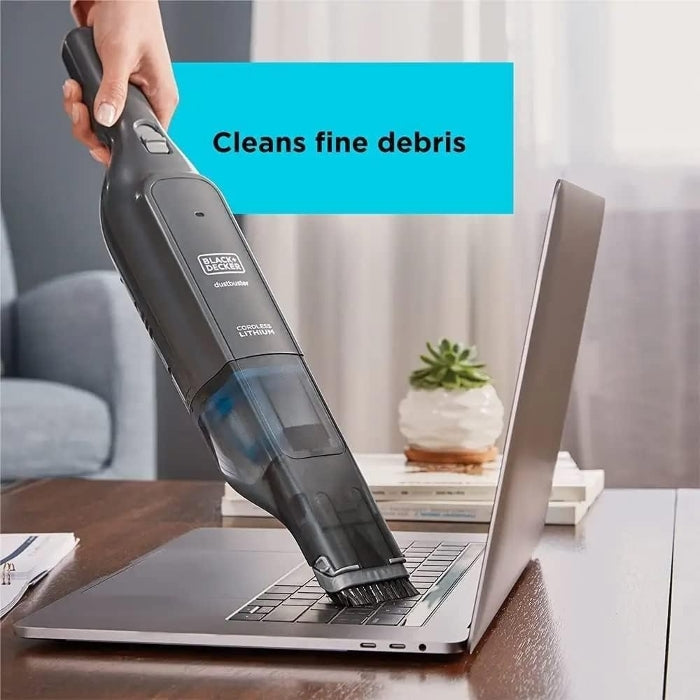 B+D cordless 12v handheld dustbuster vacuum, 22 air watts,14 mins runtime, ultra wide extendable nozzle, charging base with 2.0ah
