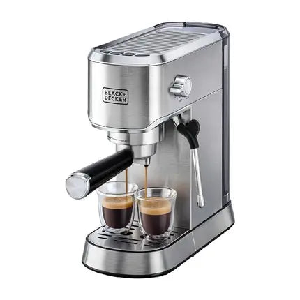 Black & Decker Manual Barista Pump Espresso Coffee Machine, Cappuccino, Latte Macchiato, Milk Frother, 1450W, Silver  - ECM150-B5