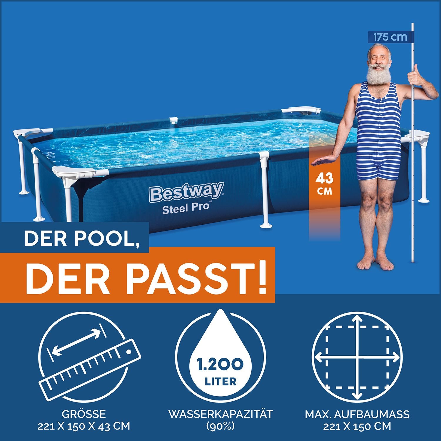 BESTWAY 2.21M X 1.50M X 43CM POOL (Contents:one pool)