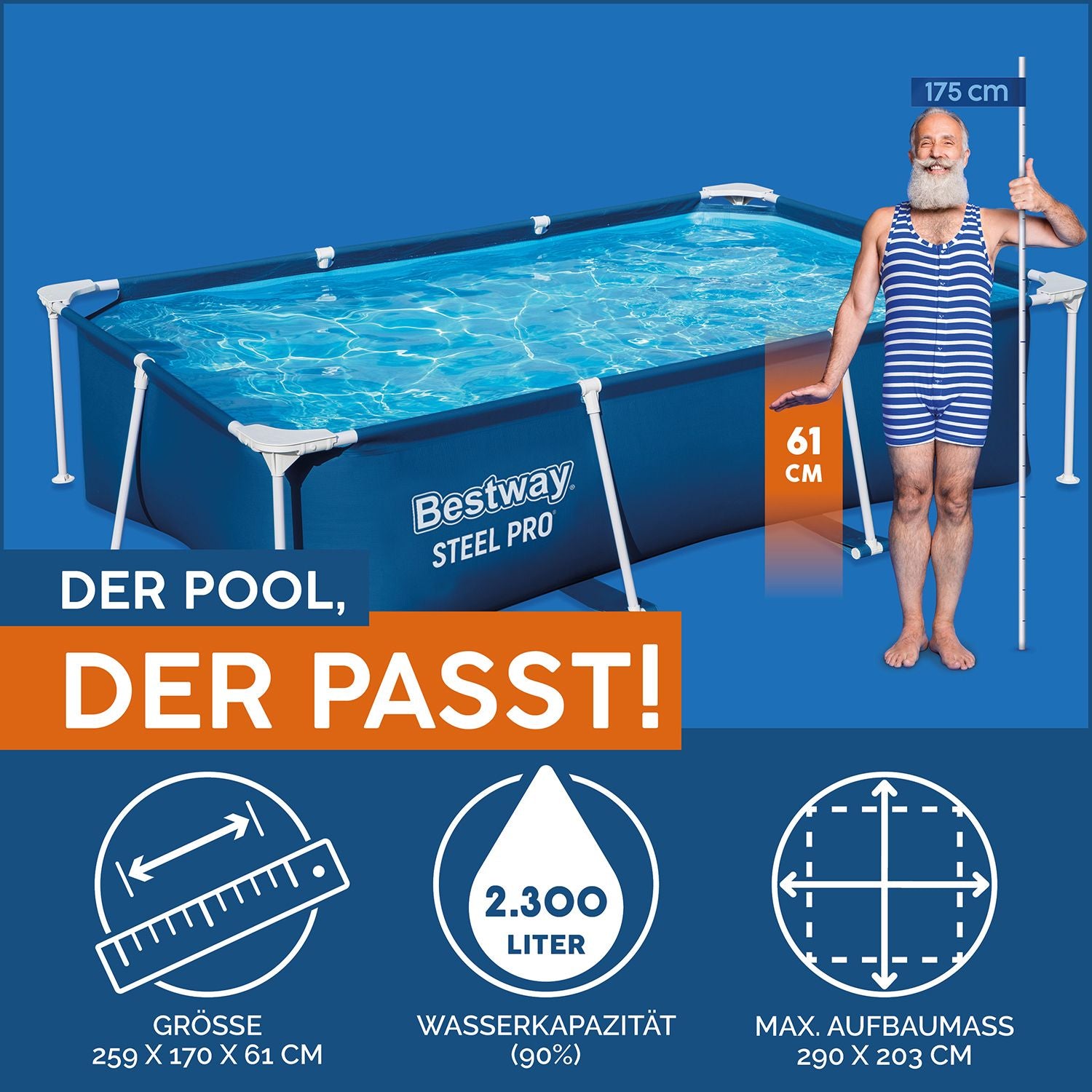 BESTWAY 2.59M X 1.70M X 61CM POOL (Contents:one pool)