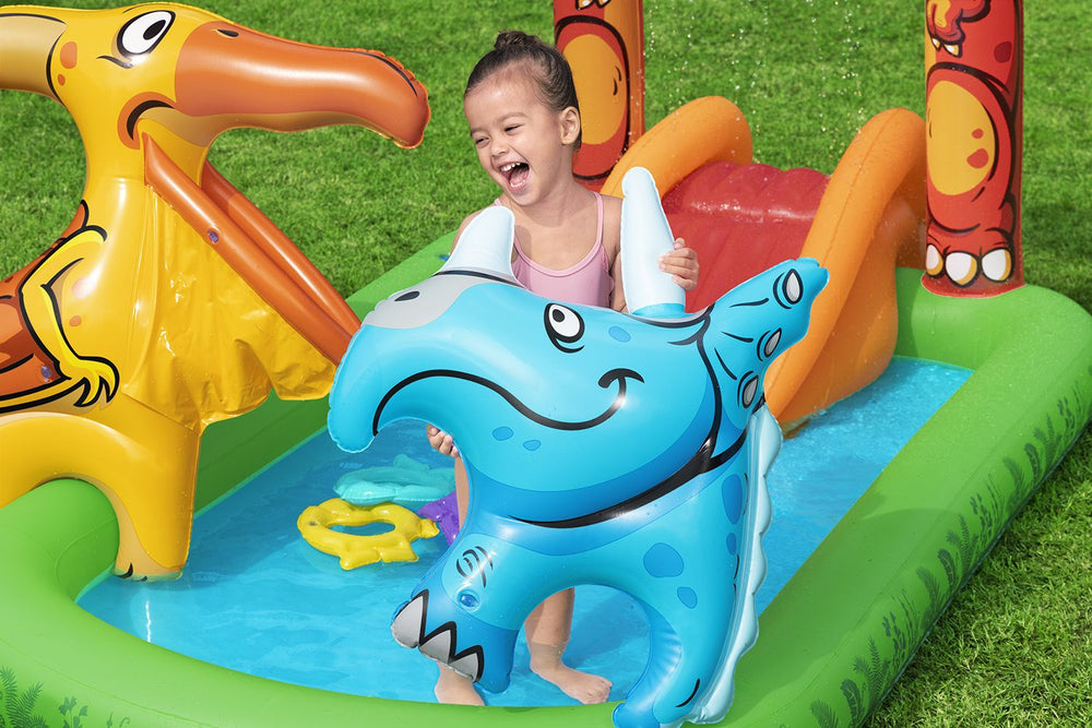 BESTWAY 2.41M X 1.40M X 1.37M JURASSIC SPLASH PLAY CENTER (1 pool, 3 fish shaped rings,1 triceratops ring target, 1 pteranodon ball catch, 1 pteranodon, 1 T-rex, 4 play balls, repair patch.) Age 2+