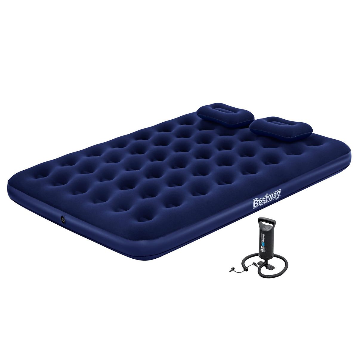 BESTWAY 2.03M X 1.52M X 22CM AIR MATTRESS QUEEN MANUAL HAND PUMP (Air Mattress, two pillows, repair patch, with Air Hammer-Inflation Pump)