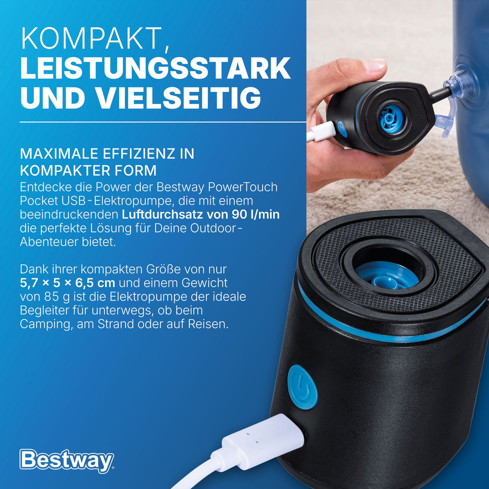 BESTWAY POWERTOUCH POCKET USB ELECTRIC AIR PUMP (power pump, 3 valve adaptors)