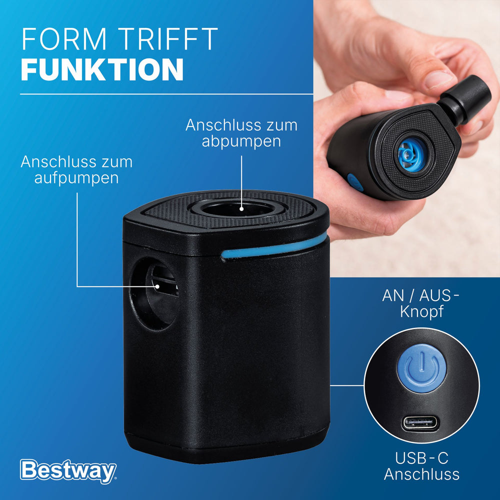 BESTWAY POWERTOUCH POCKET USB ELECTRIC AIR PUMP (power pump, 3 valve adaptors)
