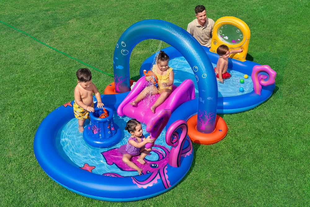 BESTWAY 3.30m x 1.88m x 1.17m Sea Odyssey Play Center (1 pool,1 arch sprinkler,1 slide, 1 basket, 2 Puffy Pal fish, 2 rackets, 4 play balls, repair patch) Age 2+