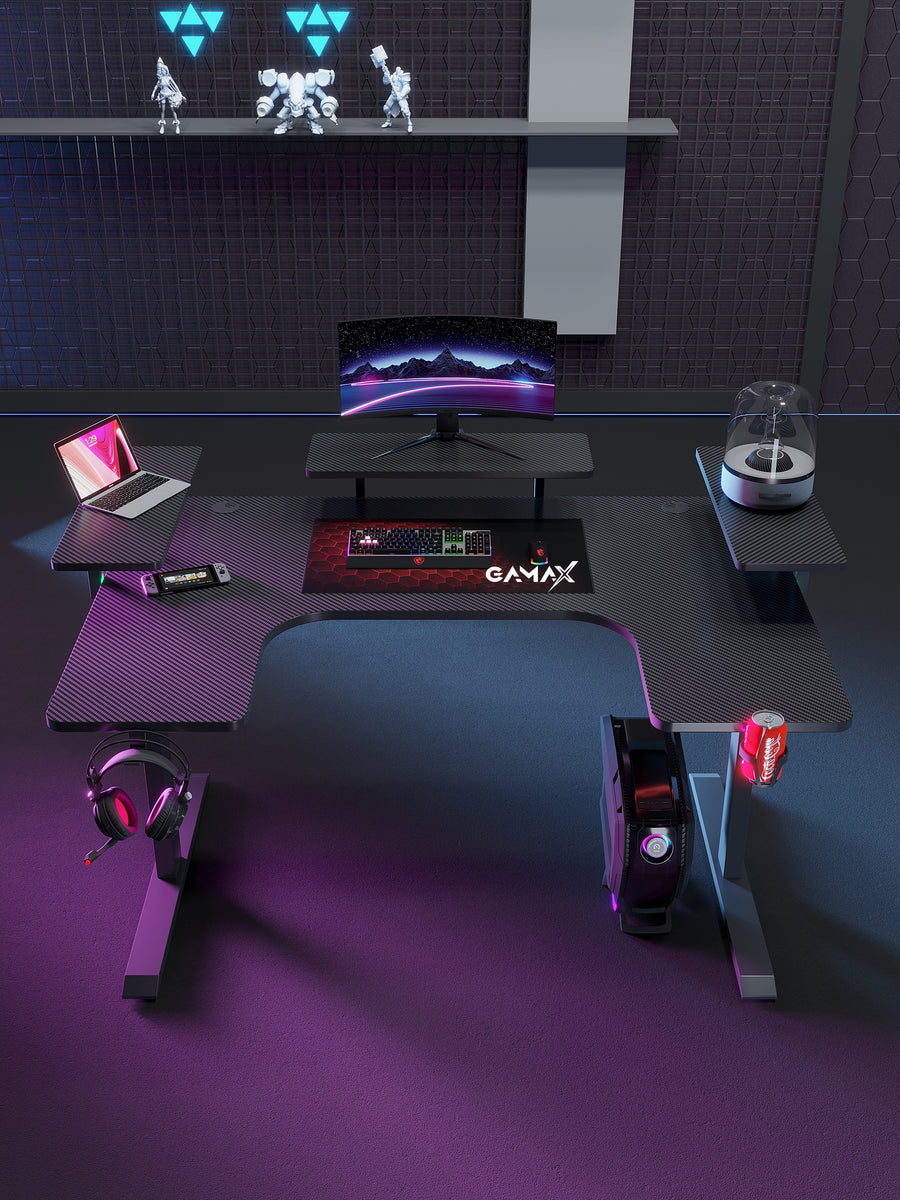 Gamax P203 RGB Carbon Fiber Gaming Workstation Desk with Multi Level Shelves and mousepad 160*100*74 cm - Black