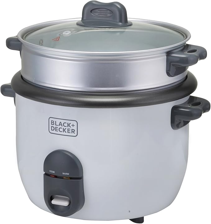 Black & Decker Rice Cooker, 700W Power, 1.8L, Removable Non-Stick Bowl & Steaming Tray with Water Level Indicator, Glass Lid & Cool Touch for Healthy Meals