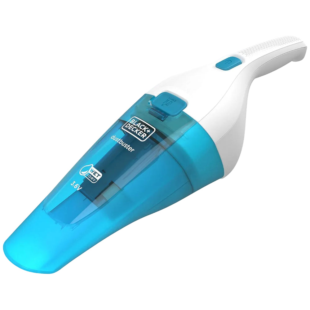 Blue and white handheld vacuum cleaner with Black & Decker branding on a white background