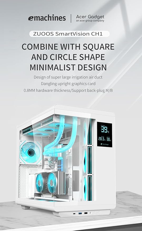 ACER U600 ATX PC Case, Full Tower Gaming Computer Case with Tempered Glass Side Panel, 7 RGB Fans & Remote Control, Temperature Display, SPCC Steel Frame, 3 USB Ports, White Mid Tower Case