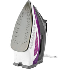 White and gray steam iron with purple accents on a white background