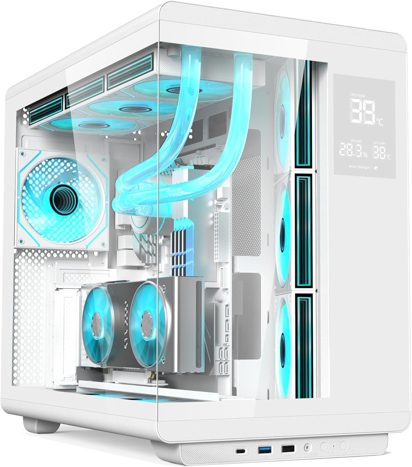 ACER U600 ATX PC Case, Full Tower Gaming Computer Case with Tempered Glass Side Panel, 7 RGB Fans & Remote Control, Temperature Display, SPCC Steel Frame, 3 USB Ports, White Mid Tower Case