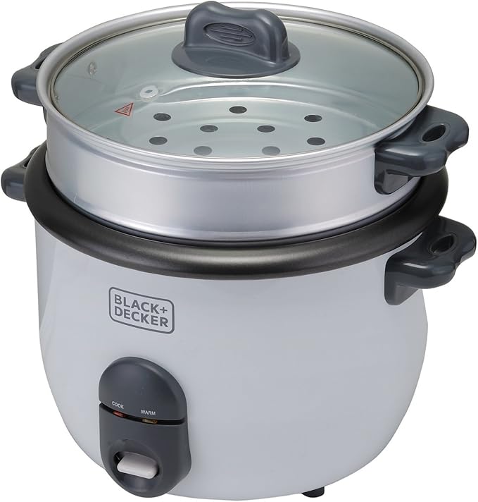 Black & Decker Rice Cooker, 700W Power, 1.8L, Removable Non-Stick Bowl & Steaming Tray with Water Level Indicator, Glass Lid & Cool Touch for Healthy Meals