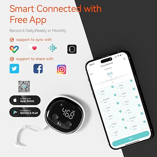 Fitdays Smart Body Tape Measure, Smart Body Waist Ruler, Waist Circumference Inch Centimeter Digital Measuring Tapes with APP
