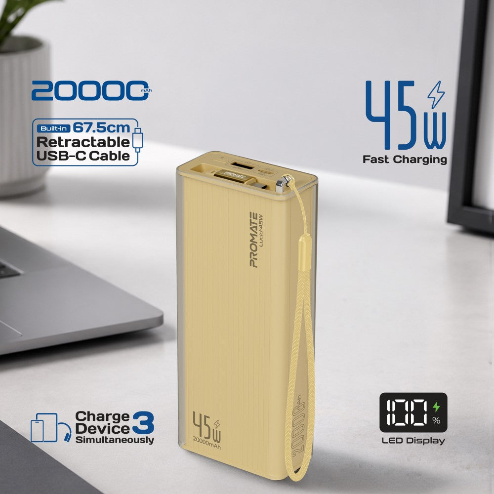 PROMATE  Power through your day with this 20,000mAh power bank featuring 45W fast charging,Black