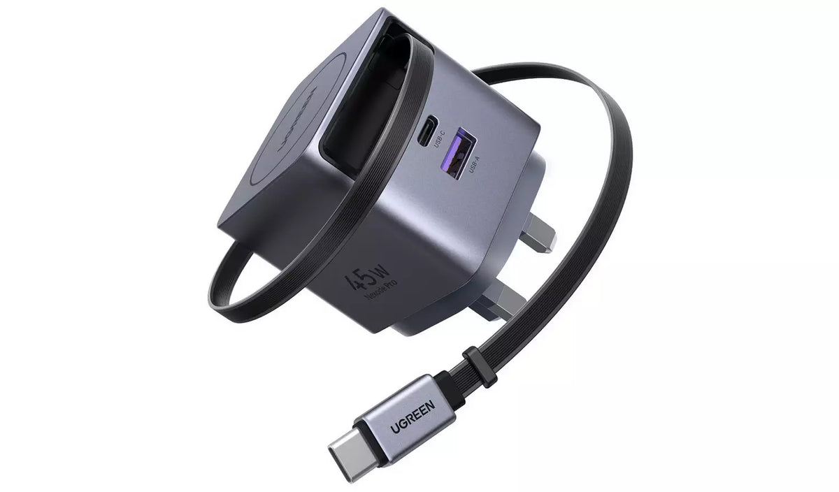 UGREEN 45W GaN Fast Charger with Retractable Cable  (2-port) (Space Gray)